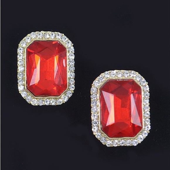 Jewelry - 57R. Red Rectangle Gem Rhinestone Border Earrings